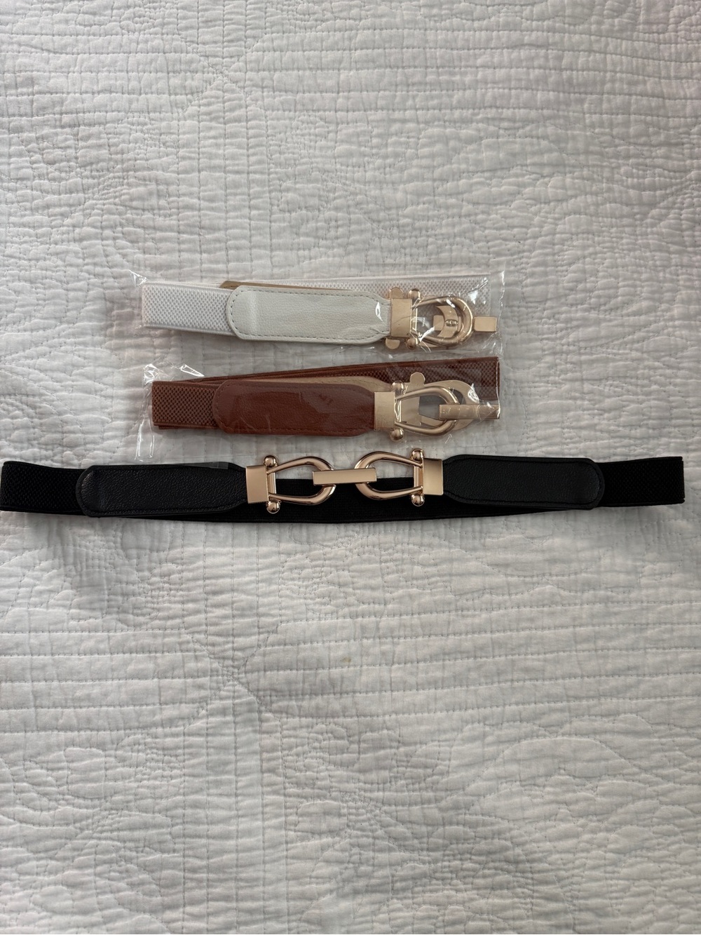 Women's Elastic Waist Belt with Gold Horsebit Accent - Black, Brown, White